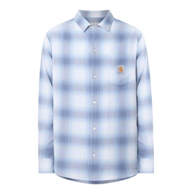 Carhartt Tyers Logo Check Print Shirt in Shady Blue check, long sleeves, front button fastening, chest patch pocket with logo badge