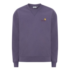 Carhartt American Script Logo Sweatshirt in Shady Purple, crew neck with embroidered chest logo, ribbed cuffs and hem, dropped shoulders