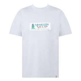 Carhartt Bumper Stickers Logo T-Shirt in Pontiki, crew neck, short sleeves, rectangular logo graphic print on chest, woven tab detail