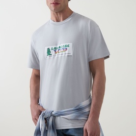 Model wearing Carhartt Bumper Stickers Logo T-Shirt in Pontiki grey with graphic chest print, styled with a tied shirt at the waist.