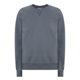 Carhartt Chase Logo Sweatshirt in Styx grey, crew neck, ribbed trims, small gold embroidered logo above cuff, heavyweight cotton blend