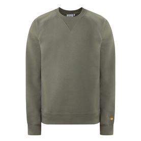 Carhartt Chase Logo Sweatshirt in Leaf/Gold, crew neck, long sleeves, ribbed trims, gold embroidered logo above cuff, heavyweight cotton-poly fabric