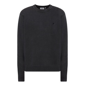 Carhartt Kori Logo Knit Sweater in black, crew neck, long sleeves, ribbed trims, tonal logo at chest, frayed details, 100% cotton