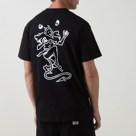 Model wearing Carhartt Playing Cards Logo T-Shirt in black, rear view showing white joker graphic print on back, crew neck, short sleeves.