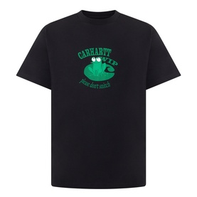 Carhartt Please Don't Snitch Logo T-Shirt in black, crew neck, short sleeves, green frog graphic print on chest, midweight cotton jersey