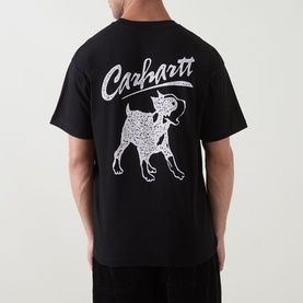 Model wearing Carhartt Pup Logo T-Shirt in black, back view showing enlarged dalmatian dog graphic with Carhartt script logo above.