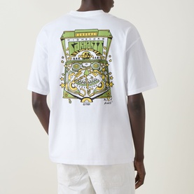 Model wearing Carhartt Pinball Logo T-Shirt in white, back view showing green and yellow pinball machine graphic print, crew neck, dropped shoulders