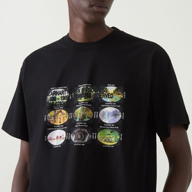 Model wearing Carhartt Coordinates Logo T-Shirt in Black, crew neck with multicolour coordinate graphic print on chest, short sleeves.