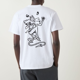 Model wearing Carhartt Playing Cards Logo T-Shirt in white, rear view showing graphic print, paired with grey trousers.