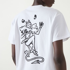 Model wearing Carhartt Playing Cards Logo T-Shirt in white, back view showing black Playing Cards graphic print on crew neck tee.