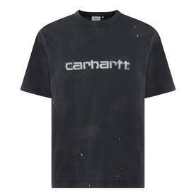 Carhartt Painter Logo T-Shirt in black with distressed wash, crew neck, short sleeves, and grey script logo lettering on chest