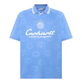 Carhartt Terrace Logo Football T-Shirt in Curacao blue, polo collar, white Carhartt script logo, all-over graphic print, short sleeves