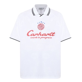 Carhartt Heart Train polo shirt in white with red script logo graphic, navy tipping detail on collar and cuffs, 100% polyester
