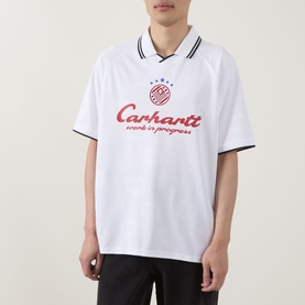 Model wearing Carhartt Heart Train/White polyester football-style polo shirt with red graphic logo, tipped collar, and short sleeves
