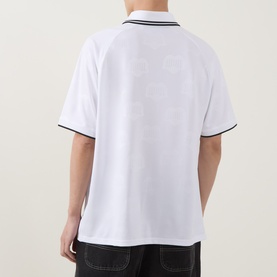 Model wearing Carhartt Heart Train/White crew neck T-shirt, rear view, short sleeves with navy tipping detail at collar and cuffs