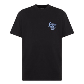 Carhartt Waves Logo T-Shirt in black, crew neck, short sleeves, with blue waves logo graphic to the chest