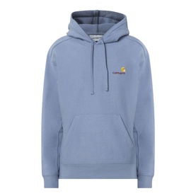 Carhartt American Script Logo Hoodie in Shady Blue with embroidered chest logo, kangaroo pocket, drawstring hood and ribbed trims