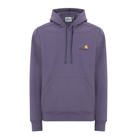 Carhartt American Script Logo Hoodie in Shady Purple with embroidered chest logo, kangaroo pocket, drawstring hood, and ribbed trims