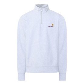 Carhartt American Script Logo Half-Zip Sweatshirt in Ash Heather, funnel neck, half-zip placket, embroidered chest logo, ribbed trims
