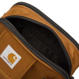 Carhartt Essentials Logo Crossbody Bag in Hamilton Brown, open top view showing black zip interior lining and woven logo label