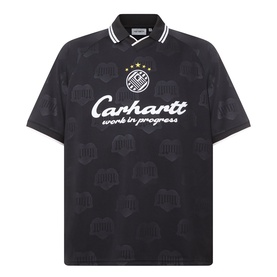Carhartt Heart Train crew neck T-shirt in black, allover logo print, white tipped collar, short sleeves, chest badge graphic