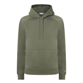 Carhartt Chase Logo Hoodie in Leaf/Gold, olive green pullover with kangaroo pocket, adjustable drawstring hood and gold embroidered cuff logo