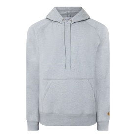 Carhartt Chase Logo Hoodie in grey heather, heavyweight fleece with kangaroo pocket, gold embroidered logo on sleeve, adjustable drawstring hood