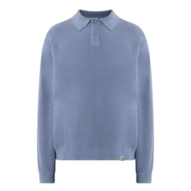 Carhartt Knit Polo in Shady Blue, ribbed cotton fabric, three-button placket, long sleeves and spread collar