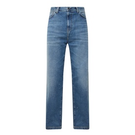 Carhartt Landon Tapered Leg Jeans in blue, five-pocket style with splatter embellishment, loose tapered cut, destroyed wash finish