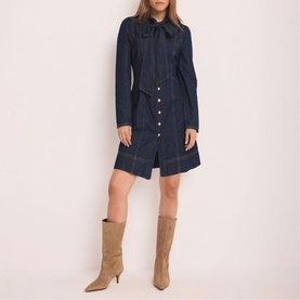 Denim Pussy Bow Mini Flared Dress