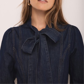 Denim Pussy Bow Mini Flared Dress