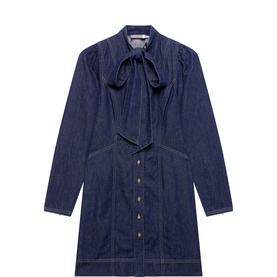 Denim Pussy Bow Mini Flared Dress