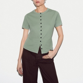 Fine Ribbed Button Front Top