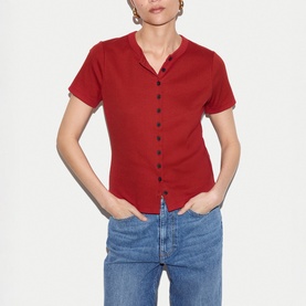 Fine Ribbed Button Front Top