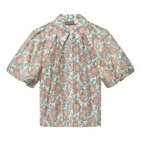 Mint Velvet red floral print short puff sleeve blouse with collar and button-front placket