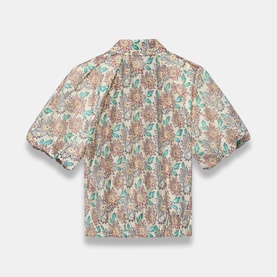 Mint Velvet red floral print short puff-sleeve blouse with camp collar, flat lay back view