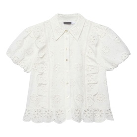 Mint Velvet white broderie anglaise short puff sleeve shirt with ruffle trim, scalloped hem and button front