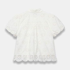 Mint Velvet white broderie anglaise short-sleeve blouse with scalloped hem and floral eyelet detail, rear view