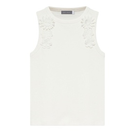 Mint Velvet white sleeveless knit top with floral crochet appliqu&eacute; detail at chest, crew neckline