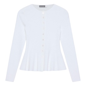 Mint Velvet white ribbed cardigan with peplum hem, long sleeves, and pearl button fastening