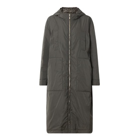 Max Mara Cube Bosco Quilted Coat in kaki, longline silhouette with hood, zip front, patch pockets, and quilted panel detail