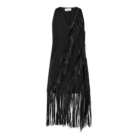 Max Mara Sportmax Galosce Fringed Mini Dress in black, sleeveless V-neck with layered fringe embellishment and flared hem