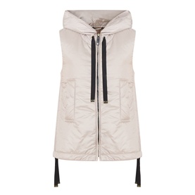 Max Mara Cube Greengo Padded Gilet in beige, satin finish, hooded with black adjustable drawstring, full zip-through, sleeveless