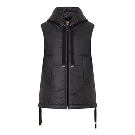 Max Mara Cube black quilted gilet with hood, zip fastening, front pockets, and gold-tone hardware with drawstring hem detail