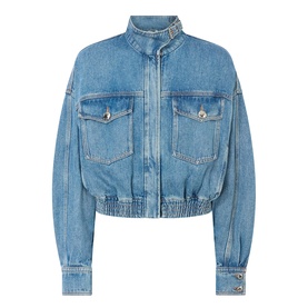 Max Mara Sportmax Bussola Denim Bomber Jacket in Midnight Blue with stand collar, chest flap pockets, and elasticated hem