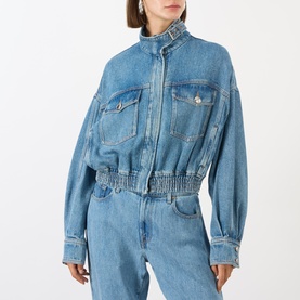 Model wearing Max Mara Sportmax Bussola Denim Bomber Jacket in Midnight Blue with stand collar, zip front and elasticated hem, styled with matching