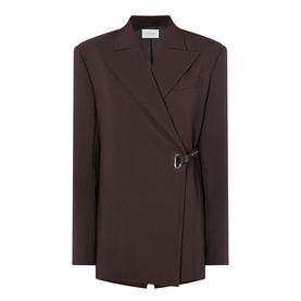 Max Mara Sportmax cocoa wrap blazer jacket with silver D-ring buckle detail and notched lapel collar