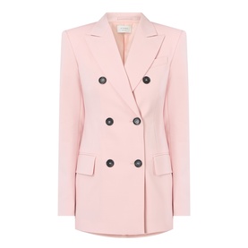 Max Mara Sportmax Antique Rose double-breasted wool blazer with dark buttons, peak lapels, and flap pockets.