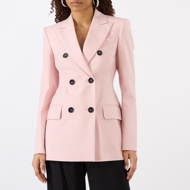 Model wearing Max Mara Sportmax Antique Rose double-breasted wool blazer with dark buttons, styled with black trousers.