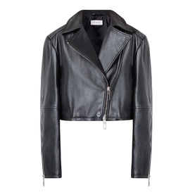 Max Mara Sportmax Vicario Fringed Leather Jacket in black, cropped length, asymmetric zip, structured shoulders, zipped cuffs, shirt collar